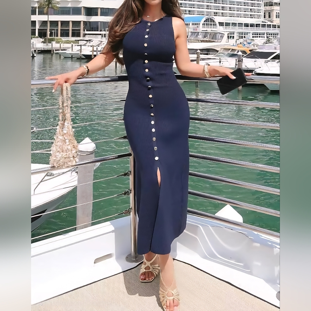 Elegant Navy Button-Down Dress